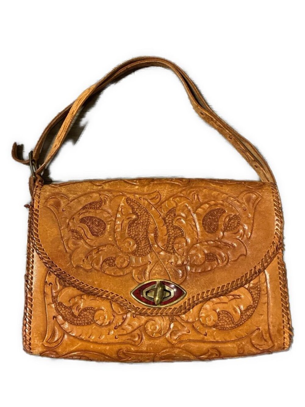 Vintage 70’s Hand Tooled Leather Shoulder Bag Floral Western Boho Cognac Brown